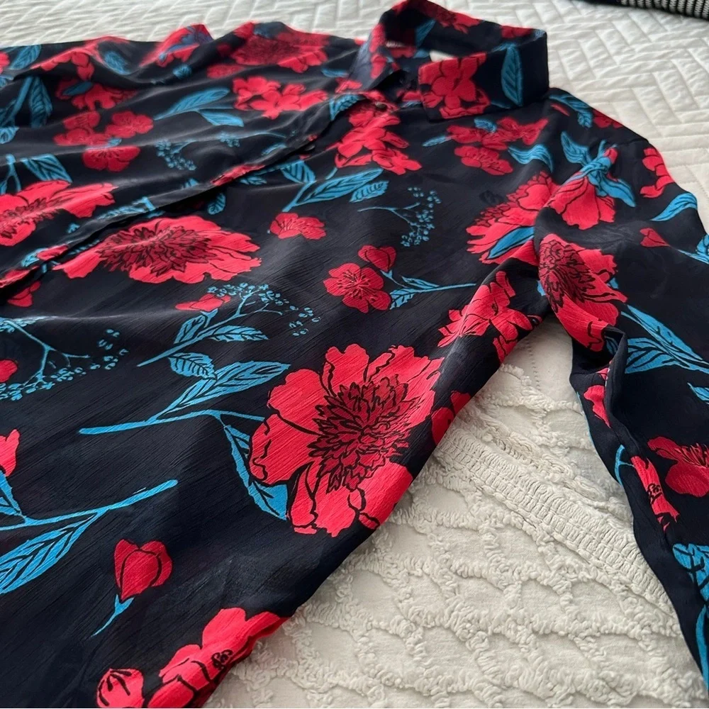 Zara Z1975 Semi-Sheer Maximalist Black Red Blue Bold Floral Blouse Size M - Picture 11 of 16